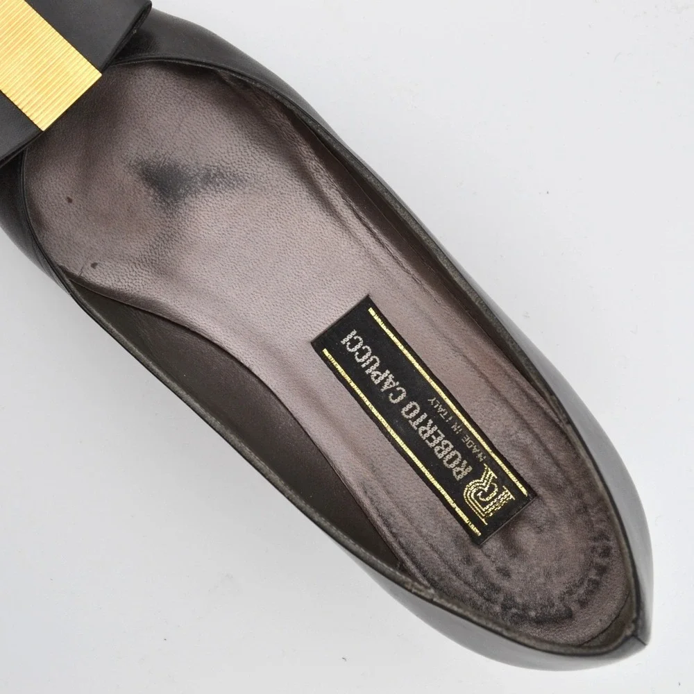 Roberto Capucci Kitten Heels Womens Black Excellent‎ Gold Trim Bow Pumps Womens